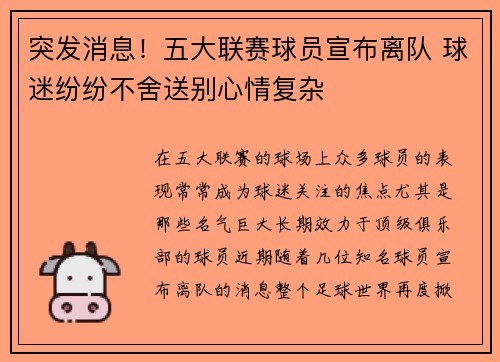 突发消息！五大联赛球员宣布离队 球迷纷纷不舍送别心情复杂