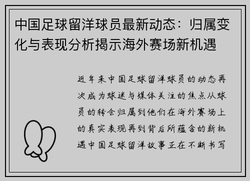 中国足球留洋球员最新动态：归属变化与表现分析揭示海外赛场新机遇